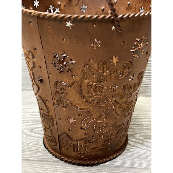 Christmas Punched Metal Santa Claus & Reindeer Pail Bucket Rustic Holiday Decor - Picture 5 of 9